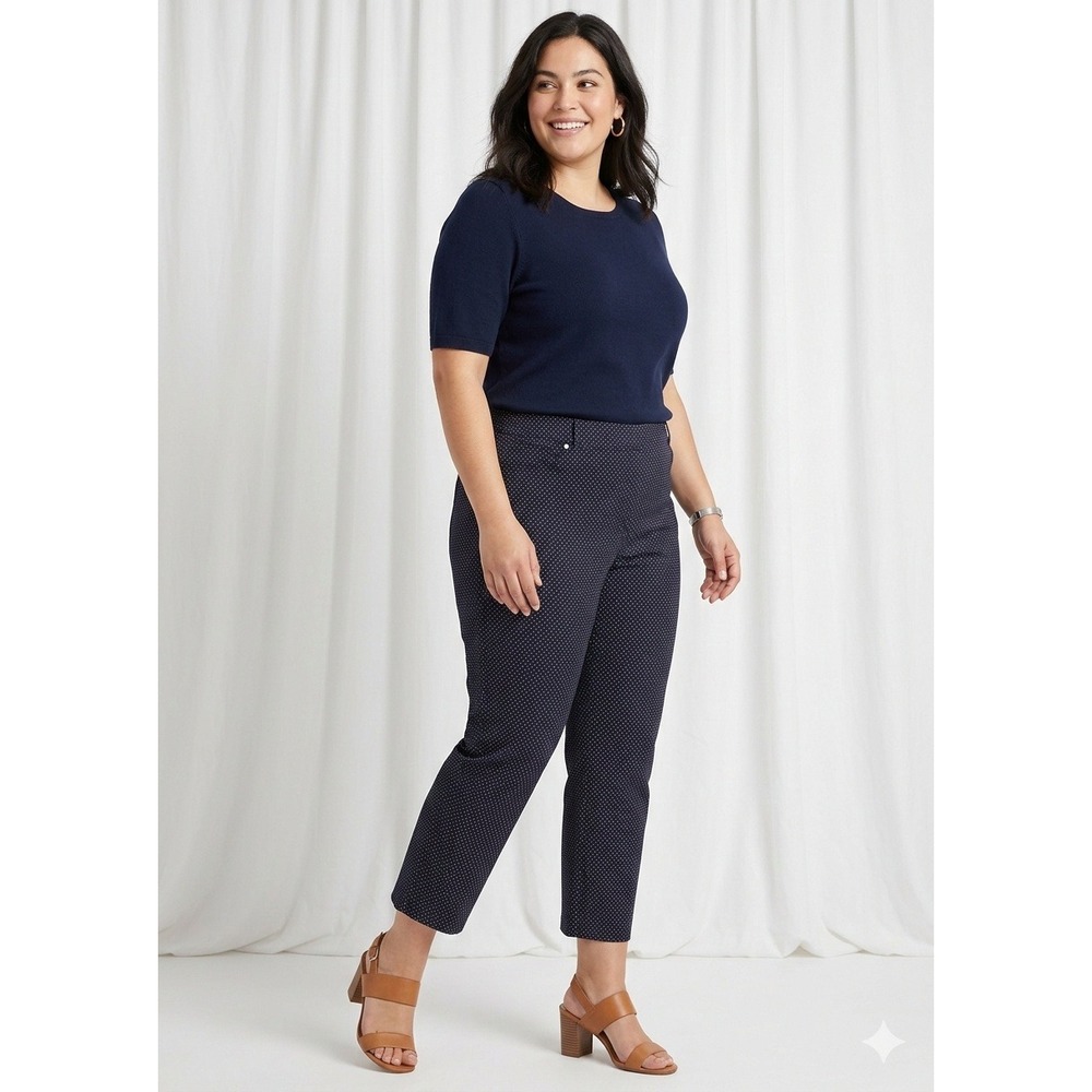 Dalia Slimming Pants Women SZ 18W Navy Blue Polka Dot Stretch‎ Trousers New